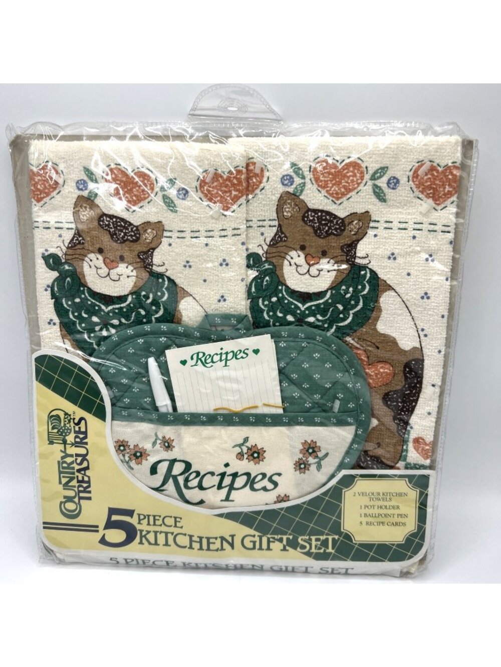 Country Treasures Calico Cat Kitchen Towel Set Potholder Pen Recipe Cards